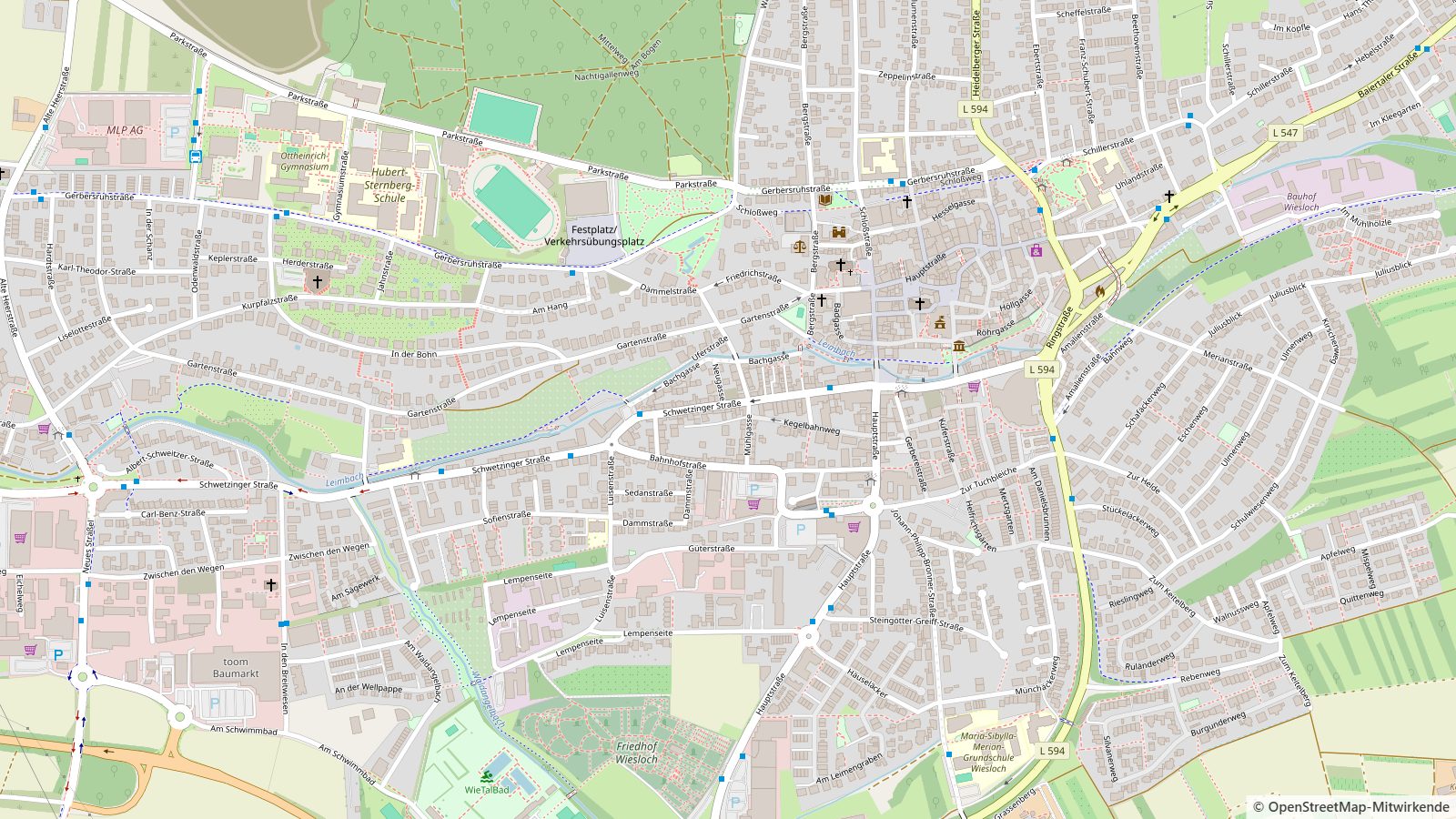 Kartenausschnitt mit der Lage von Zentrale Lage in Wiesloch in Wiesloch
