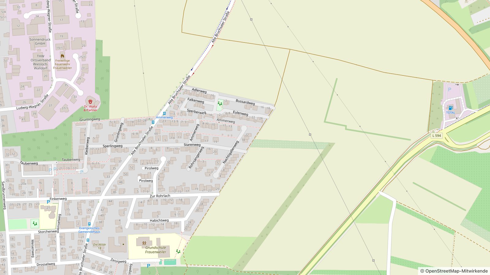 Kartenausschnitt mit der Lage von Reihenhaus mit 3 Wohneinheiten & Feldrandlage in Wiesloch · Frauenweiler